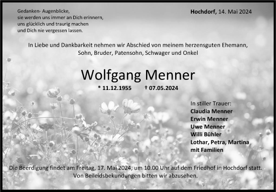 Traueranzeige von Wolfgang Menner von Eßlinger Zeitung/Cannstatter Zeitung