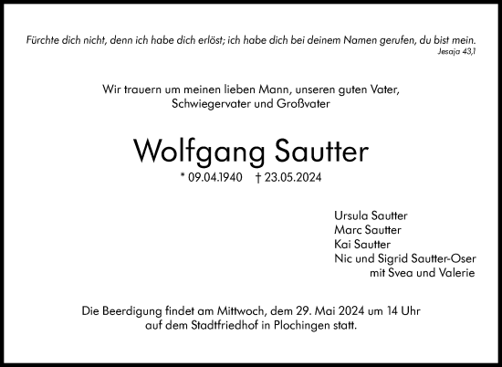 Traueranzeige von Wolfgang Sautter von Eßlinger Zeitung/Cannstatter Zeitung