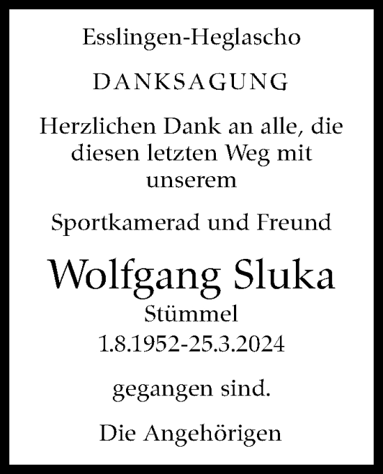 Traueranzeige von Wolfgang Sluka von Eßlinger Zeitung/Cannstatter Zeitung