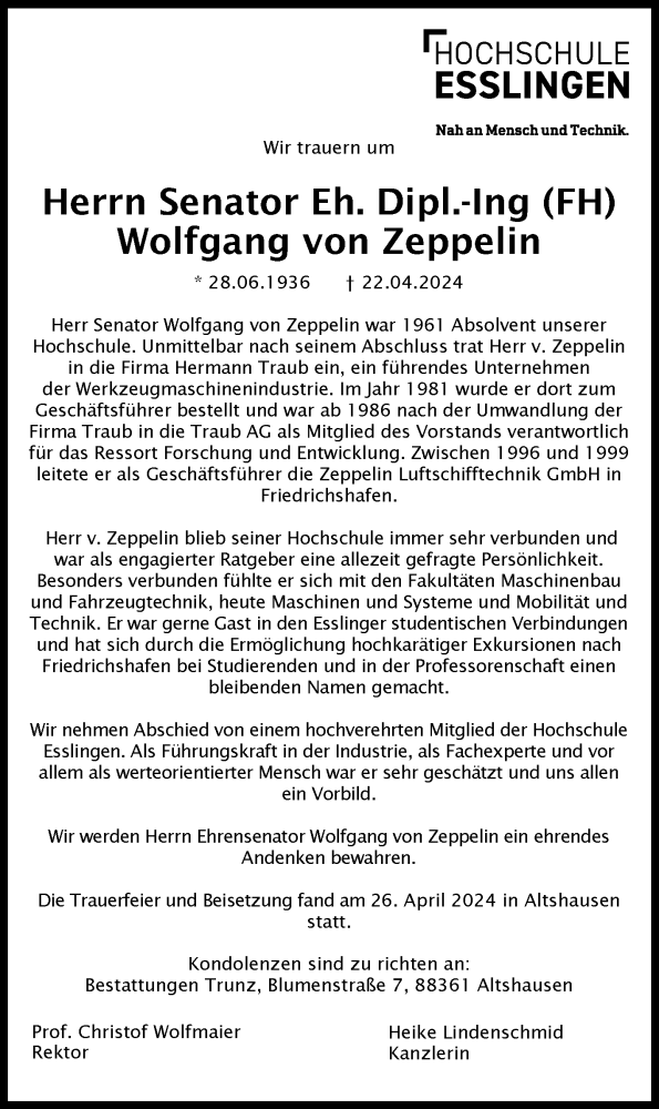  Traueranzeige für Wolfgang von Zeppelin vom 04.05.2024 aus Eßlinger Zeitung/Cannstatter Zeitung