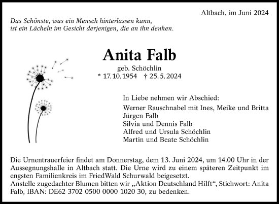 Traueranzeige von Anita Falb von Eßlinger Zeitung/Cannstatter Zeitung