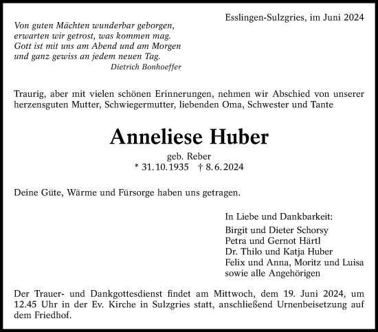 Traueranzeige von Anneliese Huber von Eßlinger Zeitung/Cannstatter Zeitung