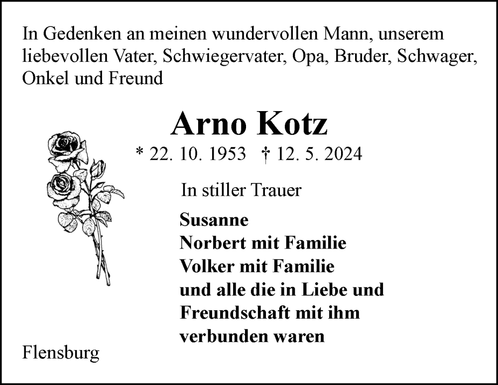  Traueranzeige für Arno Kotz vom 15.06.2024 aus Eßlinger Zeitung/Cannstatter Zeitung