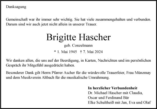 Traueranzeige von Brigitte Hascher von Eßlinger Zeitung/Cannstatter Zeitung