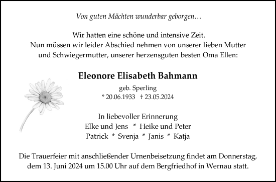 Traueranzeige von Eleonore Elisabeth Bahmann von Eßlinger Zeitung/Cannstatter Zeitung