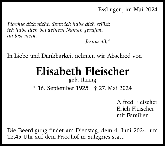 Traueranzeige von Elisabeth Fleischer von Eßlinger Zeitung/Cannstatter Zeitung