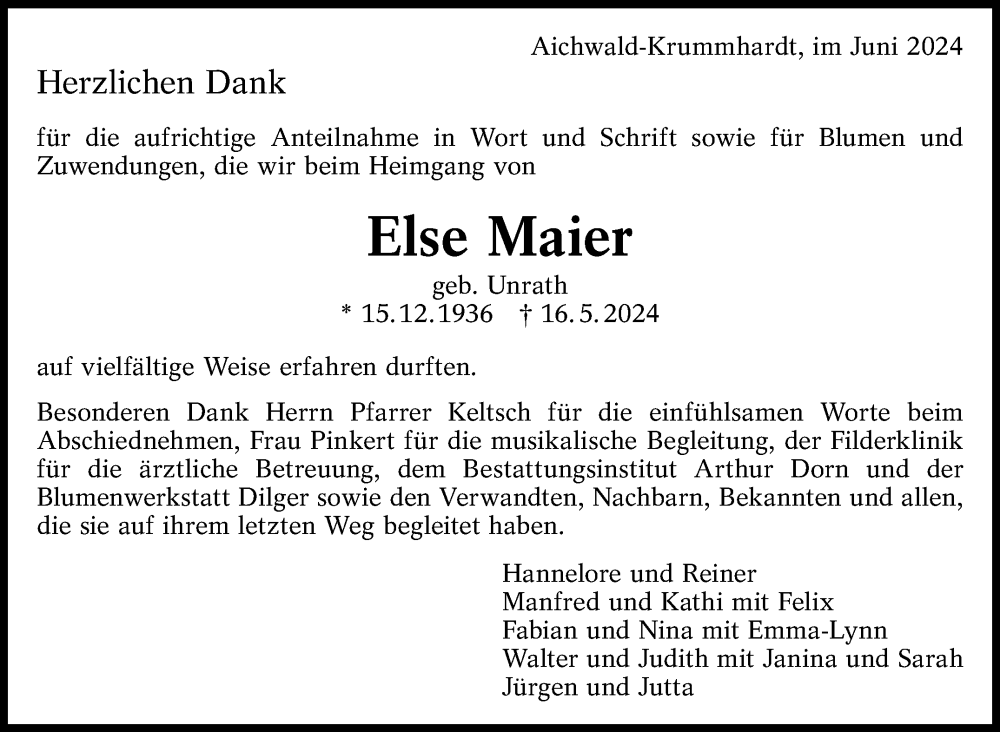  Traueranzeige für Else Maier vom 15.06.2024 aus Eßlinger Zeitung/Cannstatter Zeitung