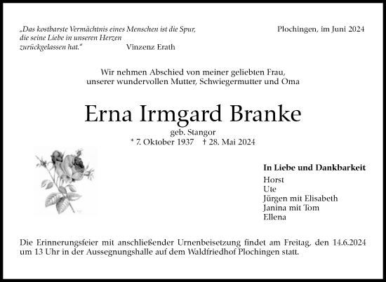 Traueranzeige von Erna Irmgard Branke von Eßlinger Zeitung/Cannstatter Zeitung