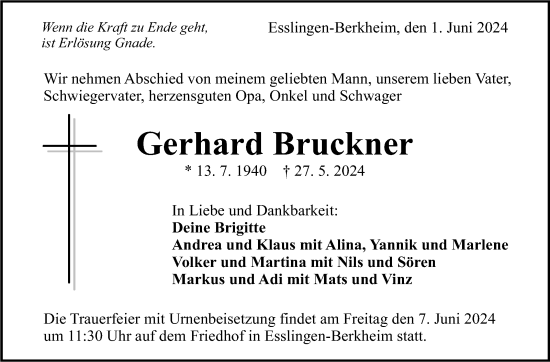 Traueranzeige von Gerhard Bruckner von Eßlinger Zeitung/Cannstatter Zeitung