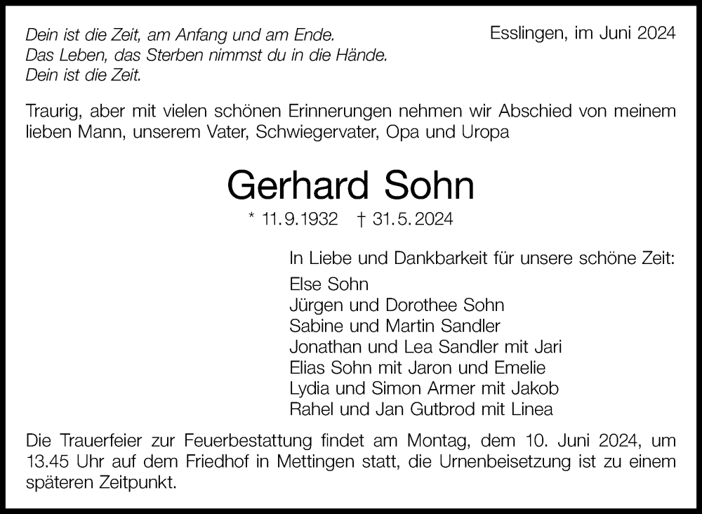  Traueranzeige für Gerhard Sohn vom 07.06.2024 aus Eßlinger Zeitung/Cannstatter Zeitung