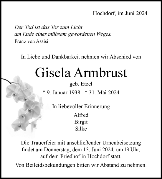 Traueranzeige von Gisela Armbrust von Eßlinger Zeitung/Cannstatter Zeitung
