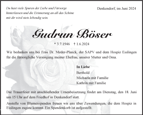 Traueranzeige von Gudrun Böser von Eßlinger Zeitung/Cannstatter Zeitung