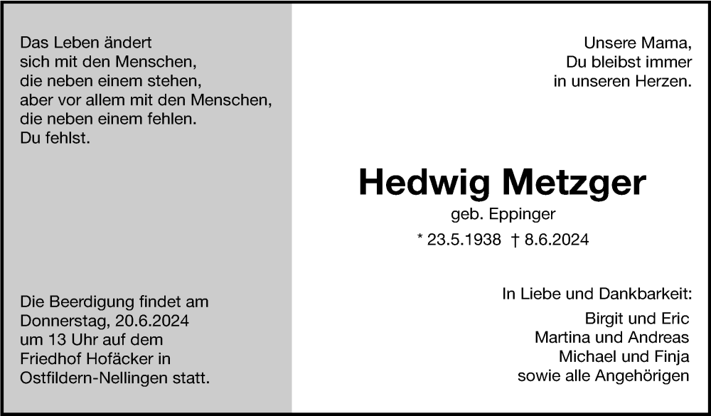  Traueranzeige für Hedwig Metzger vom 15.06.2024 aus Eßlinger Zeitung/Cannstatter Zeitung