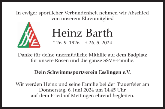 Traueranzeige von Heinz Barth von Eßlinger Zeitung/Cannstatter Zeitung