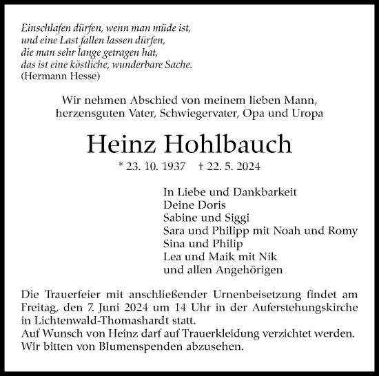 Traueranzeige von Heinz Hohlbauch von Eßlinger Zeitung/Cannstatter Zeitung