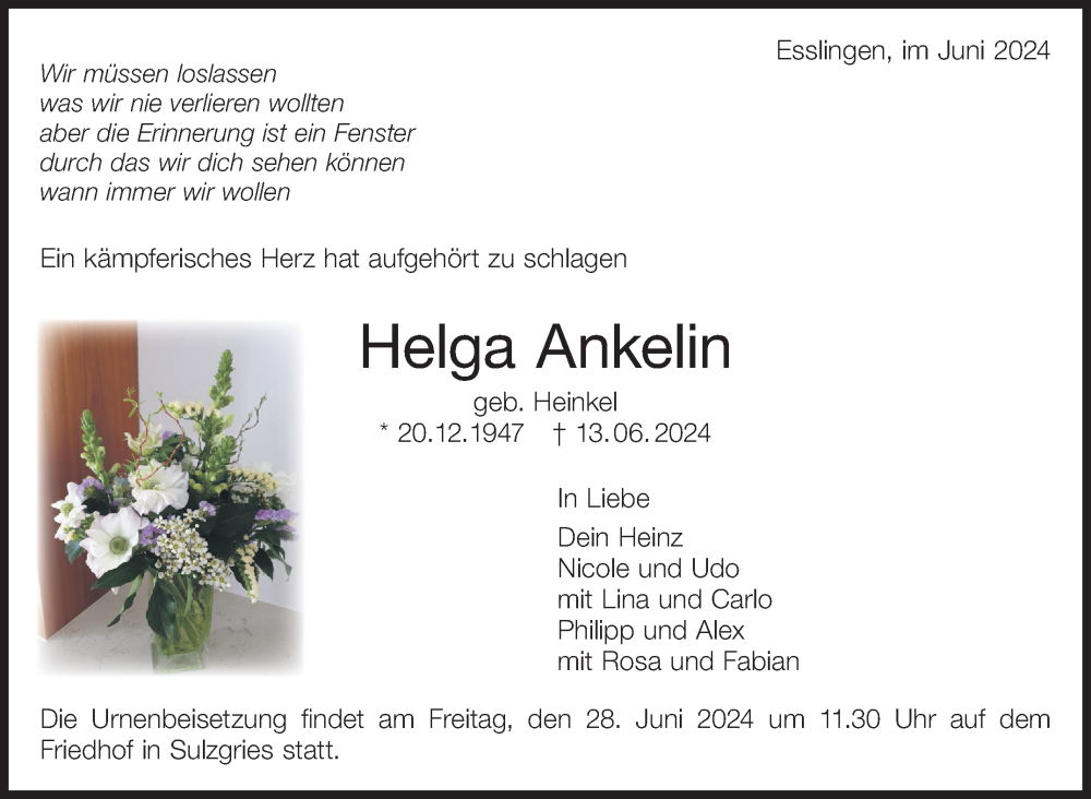  Traueranzeige für Helga Ankelin vom 22.06.2024 aus Eßlinger Zeitung/Cannstatter Zeitung