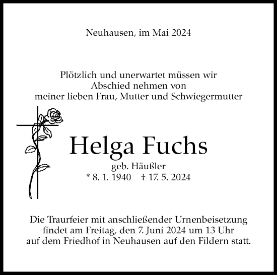 Traueranzeige von Helga Fuchs von Eßlinger Zeitung/Cannstatter Zeitung