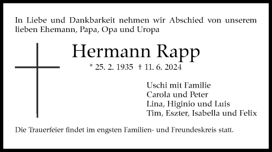 Traueranzeige von Hermann Rapp von Eßlinger Zeitung/Cannstatter Zeitung