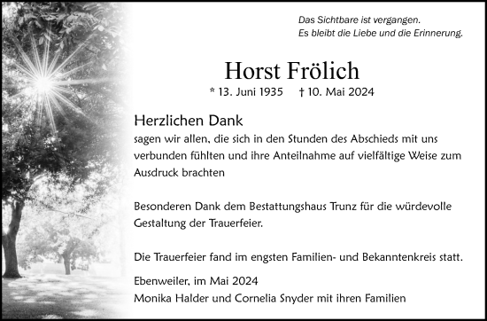 Traueranzeige von Horst Frölich von Eßlinger Zeitung/Cannstatter Zeitung