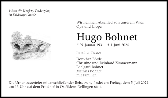 Traueranzeige von Hugo Bohnet von Eßlinger Zeitung/Cannstatter Zeitung