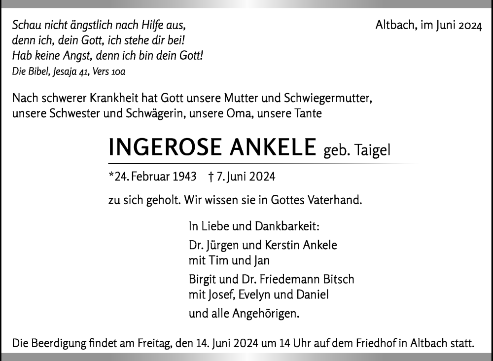  Traueranzeige für Ingerose Ankele vom 11.06.2024 aus Eßlinger Zeitung/Cannstatter Zeitung