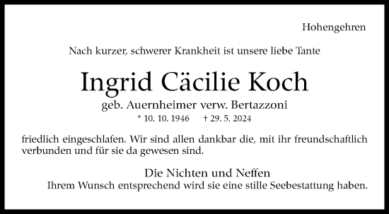 Traueranzeige von Ingrid Cäcilie Koch von Eßlinger Zeitung/Cannstatter Zeitung