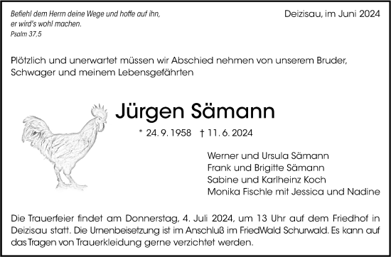 Traueranzeige von Jürgen Sämann von Eßlinger Zeitung/Cannstatter Zeitung