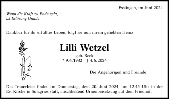 Traueranzeige von Lilli Wetzel von Eßlinger Zeitung/Cannstatter Zeitung