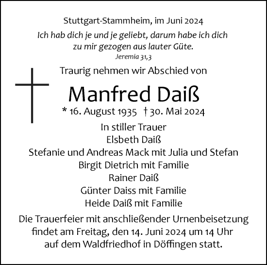 Traueranzeige von Manfred Daiß von Eßlinger Zeitung/Cannstatter Zeitung