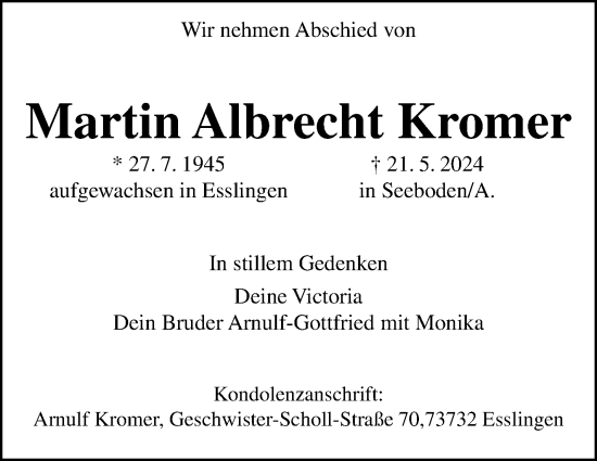 Traueranzeige von Martin Albrecht Kromer von Eßlinger Zeitung/Cannstatter Zeitung