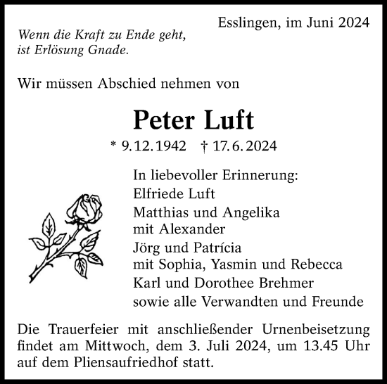 Traueranzeige von Peter Luft von Eßlinger Zeitung/Cannstatter Zeitung