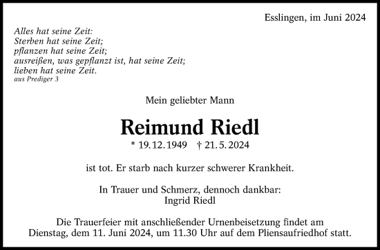 Traueranzeige von Reimund Riedl von Eßlinger Zeitung/Cannstatter Zeitung