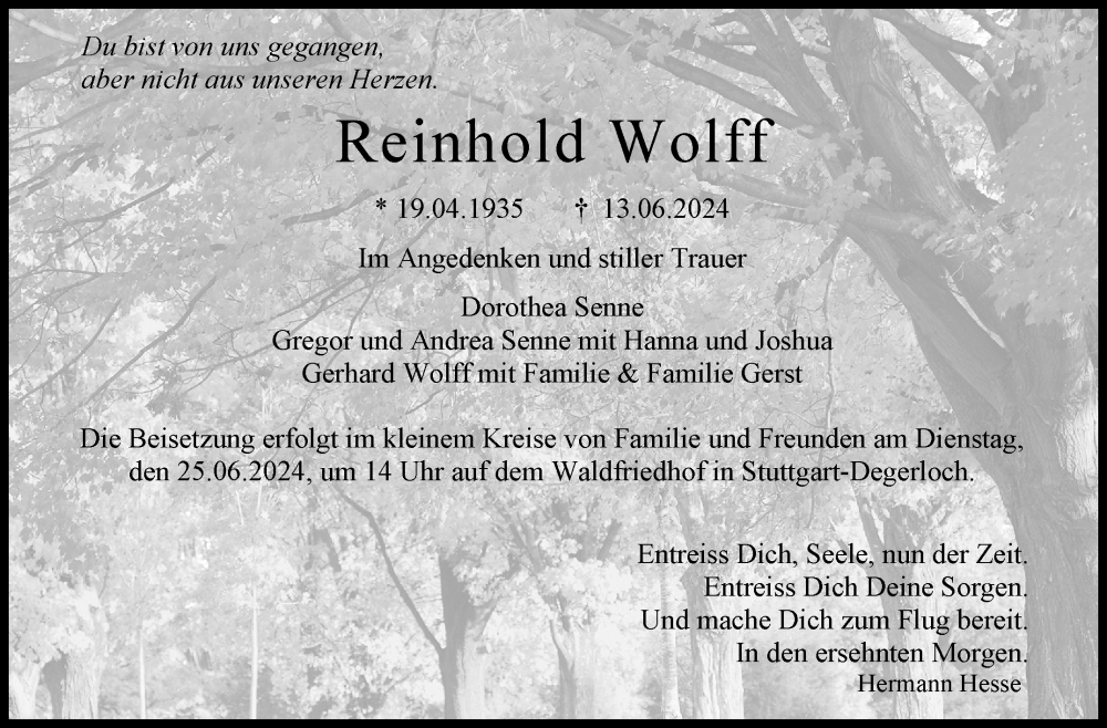  Traueranzeige für Reinhold Wolff vom 22.06.2024 aus Eßlinger Zeitung/Cannstatter Zeitung