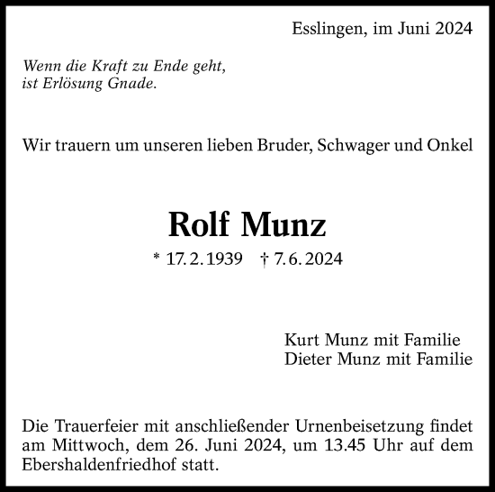 Traueranzeige von Rolf Munz von Eßlinger Zeitung/Cannstatter Zeitung
