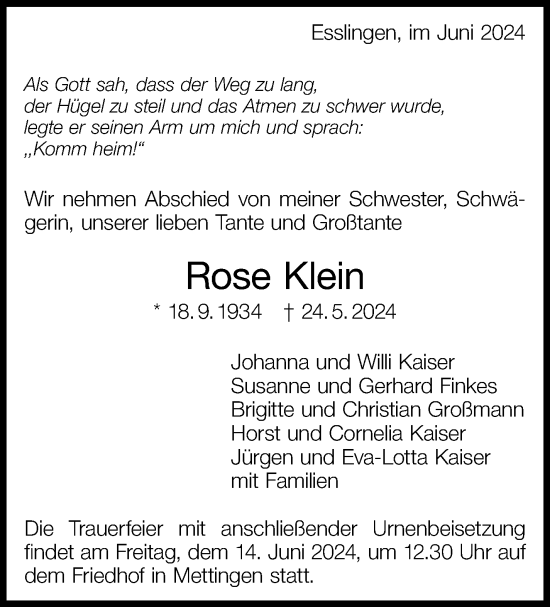 Traueranzeige von Rose Klein von Eßlinger Zeitung/Cannstatter Zeitung