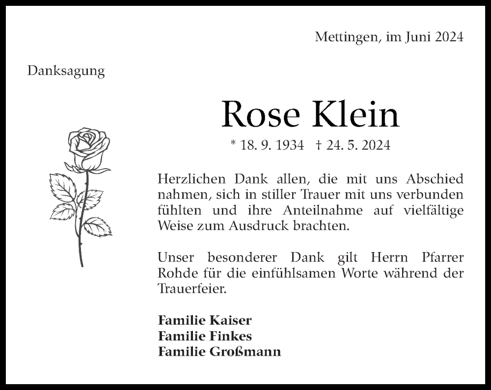  Traueranzeige für Rose Klein vom 27.06.2024 aus Eßlinger Zeitung/Cannstatter Zeitung
