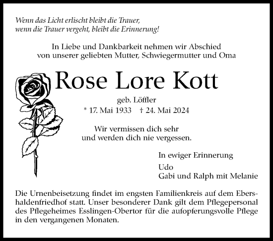 Traueranzeige von Rose Lore Kott von Eßlinger Zeitung/Cannstatter Zeitung