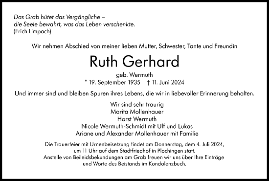 Traueranzeige von Ruth Gerhard von Eßlinger Zeitung/Cannstatter Zeitung