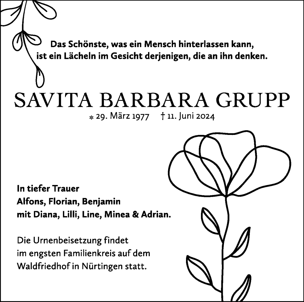  Traueranzeige für Savita Barbara Grupp vom 22.06.2024 aus Eßlinger Zeitung/Cannstatter Zeitung