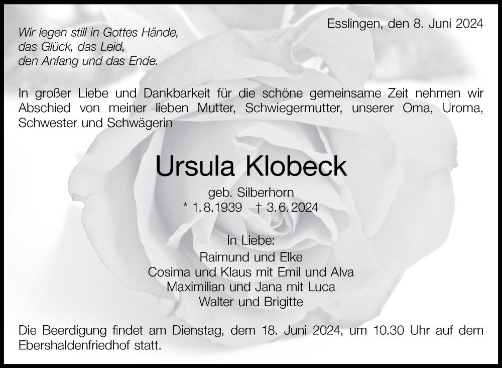  Traueranzeige für Ursula Klobeck vom 08.06.2024 aus Eßlinger Zeitung/Cannstatter Zeitung
