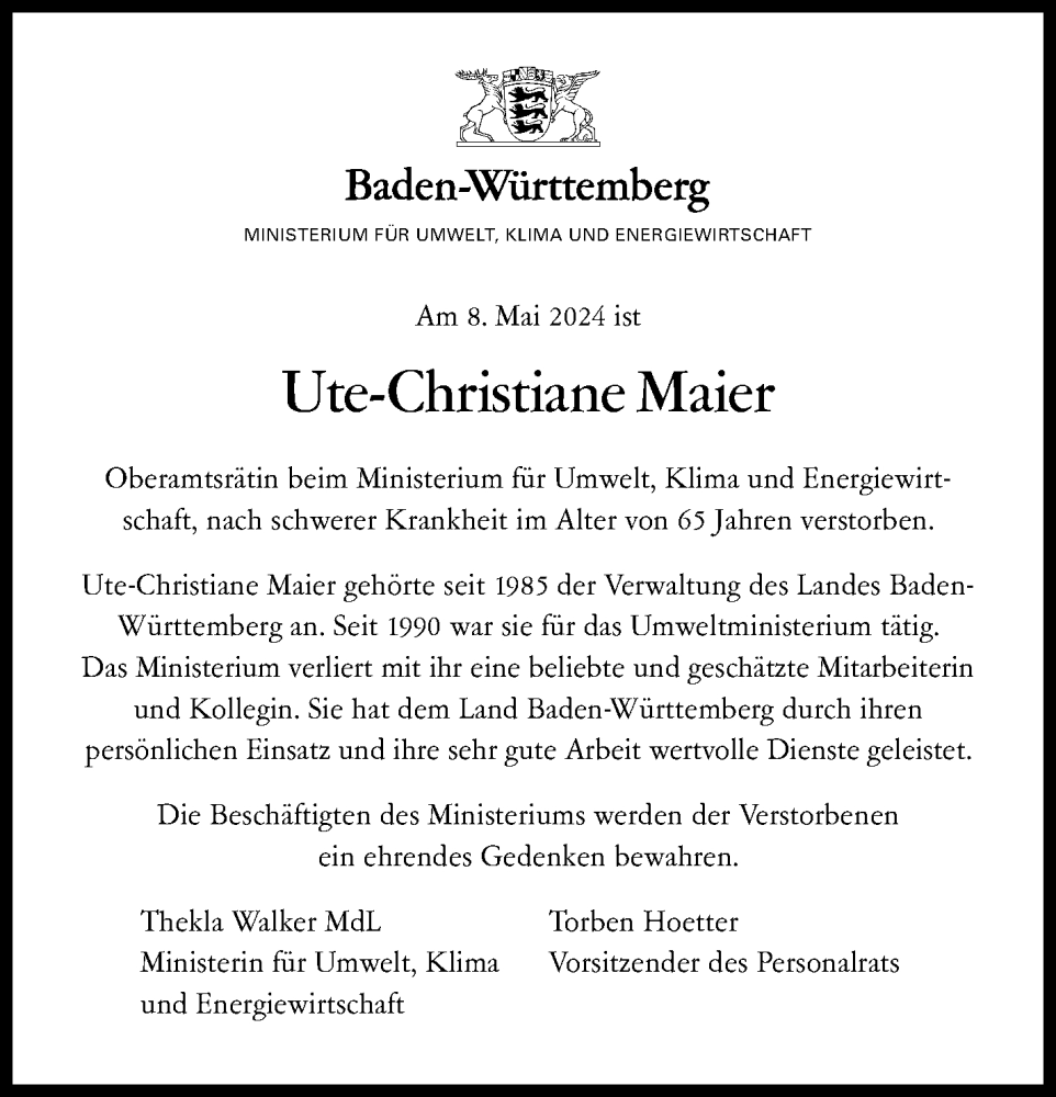  Traueranzeige für Ute-Christiane Maier vom 01.06.2024 aus Eßlinger Zeitung/Cannstatter Zeitung