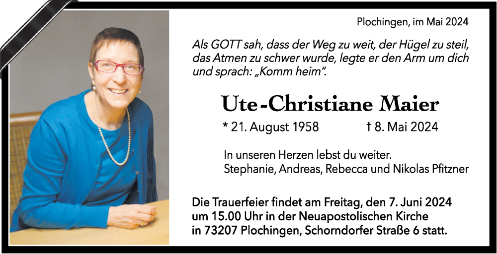  Traueranzeige für Ute-Christiane Maier vom 01.06.2024 aus Eßlinger Zeitung/Cannstatter Zeitung