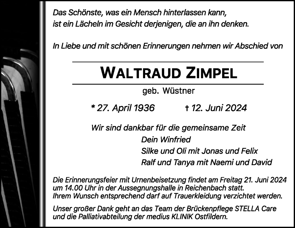  Traueranzeige für Waltraud Zimpel vom 17.06.2024 aus Eßlinger Zeitung/Cannstatter Zeitung