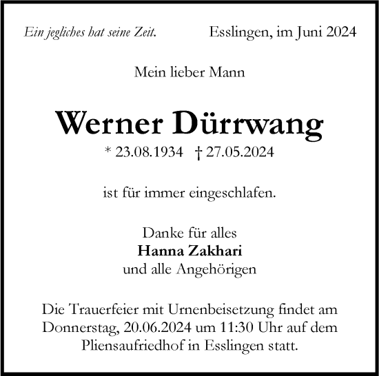 Traueranzeige von Werner Dürrwang von Eßlinger Zeitung/Cannstatter Zeitung