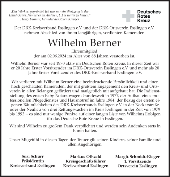 Traueranzeige von Wilhelm Berner von Eßlinger Zeitung/Cannstatter Zeitung