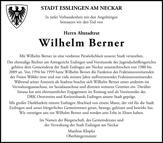 Traueranzeige von Wilhelm Berner von Eßlinger Zeitung/Cannstatter Zeitung