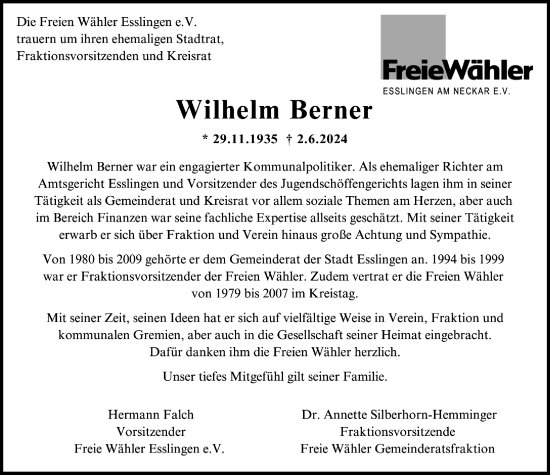 Traueranzeige von Wilhelm Berner von Eßlinger Zeitung/Cannstatter Zeitung