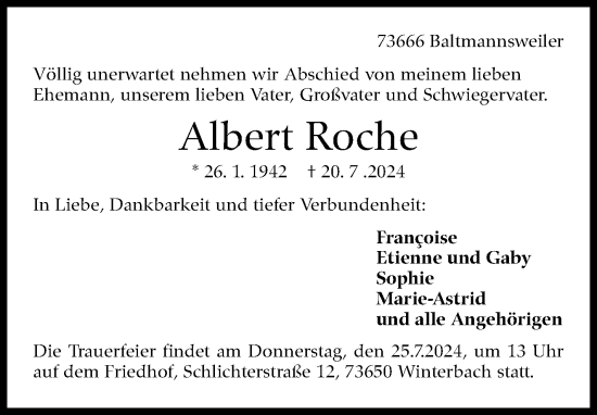 Traueranzeige von Albert Roche von Eßlinger Zeitung/Cannstatter Zeitung