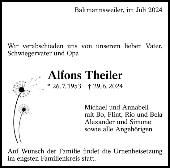 Traueranzeige von Alfons Theiler von Eßlinger Zeitung/Cannstatter Zeitung