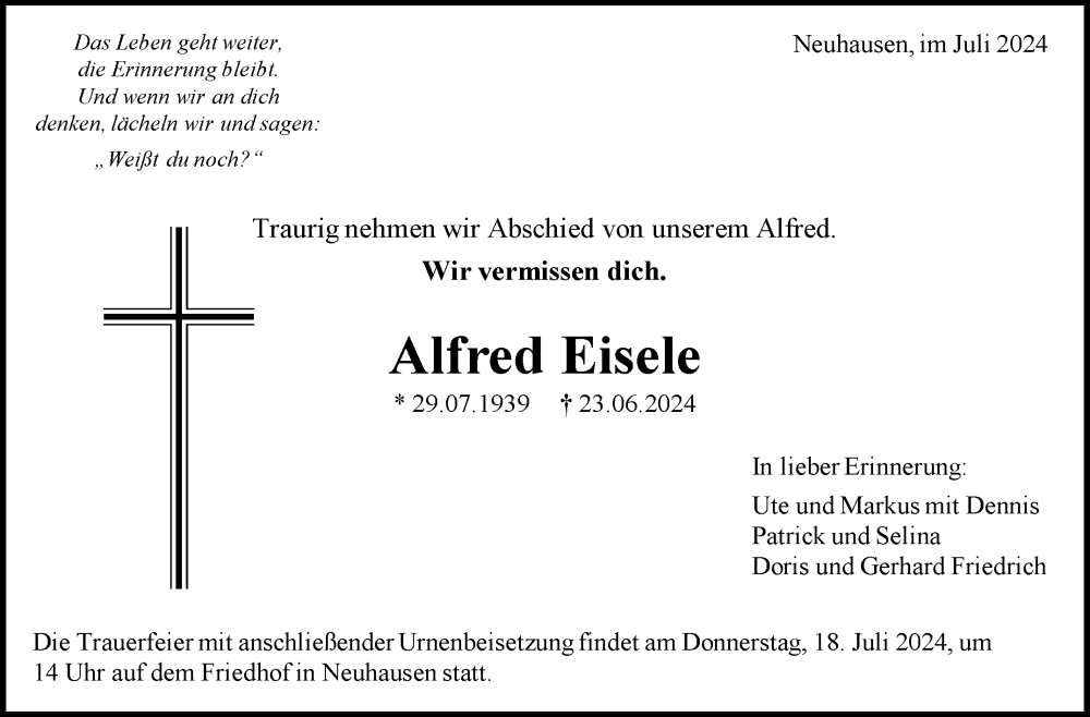  Traueranzeige für Alfred Eisele vom 13.07.2024 aus Eßlinger Zeitung/Cannstatter Zeitung